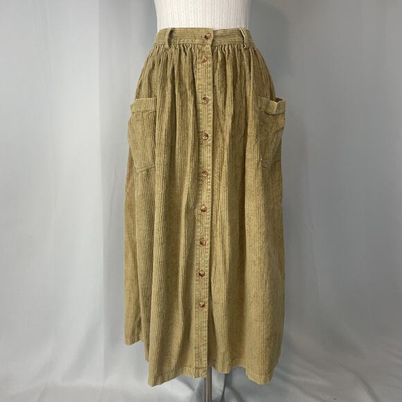 Eddie Bauer Maxi Skirt Size 14 Tan Khaki Corduroy Button A Line Vintage 90s Y2K - Picture 2 of 13